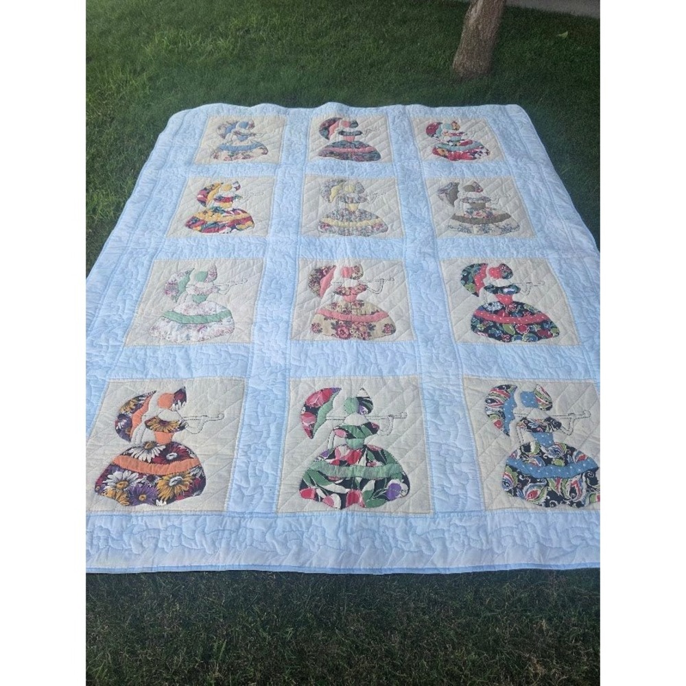 Vintage Southern Belle Applique Quilt Blue Floral Patchwork Handmade